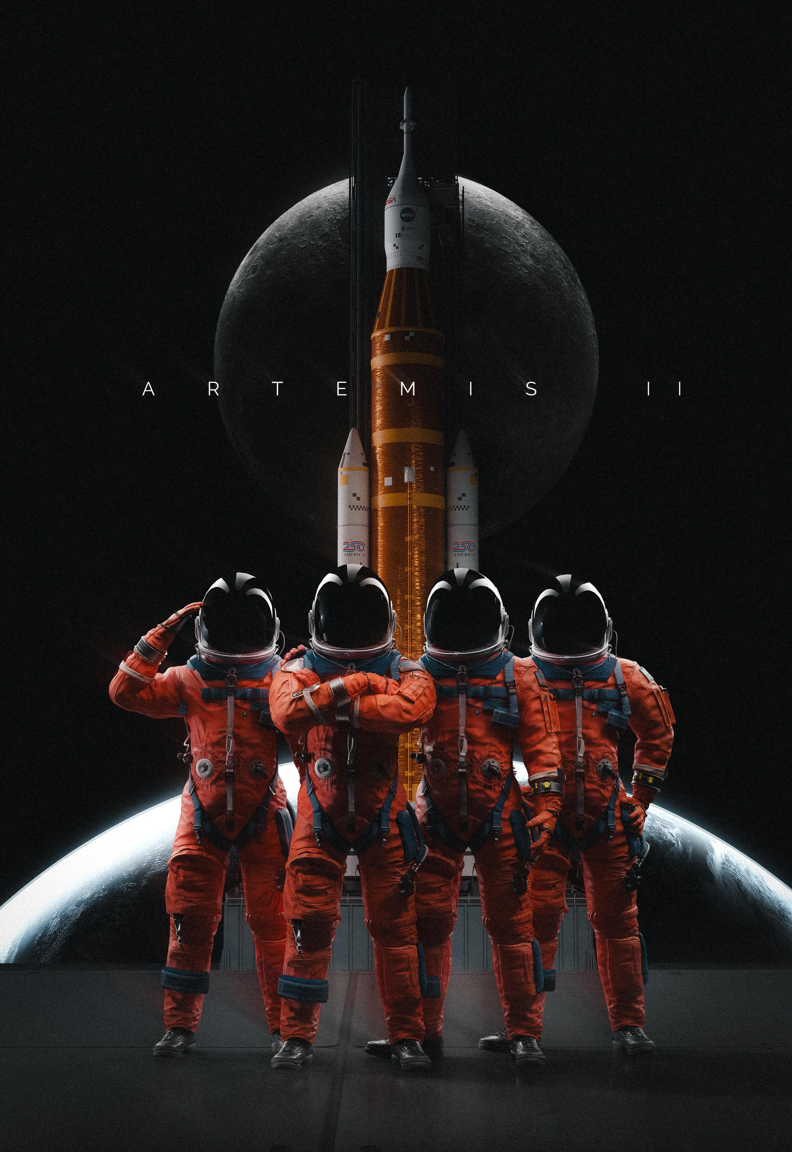 Artemis II - Astronautas em frente ao foguete SLS com a Lua ao fundo